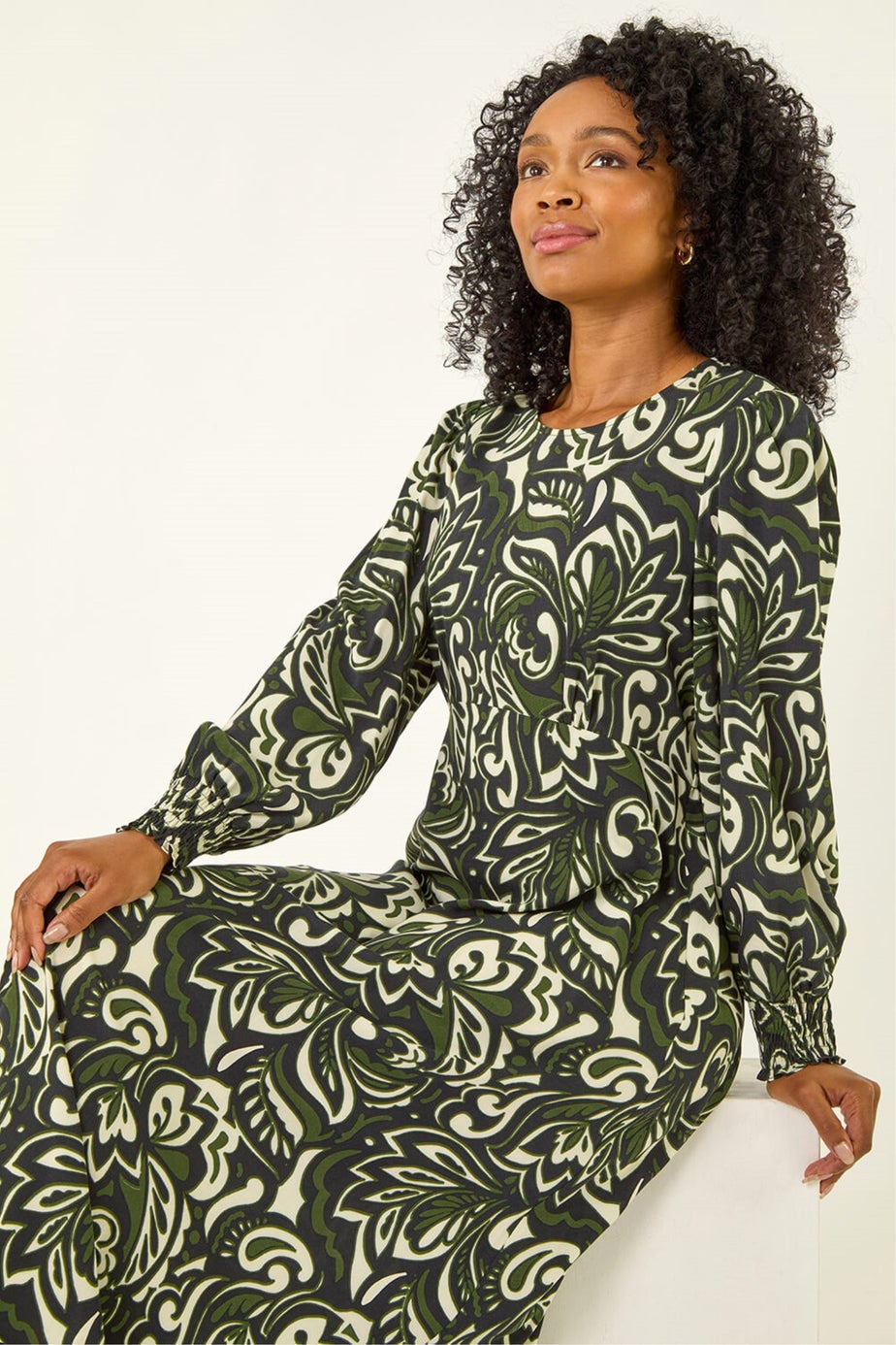 Roman Khaki Petite Printed Shirred Midi Dress