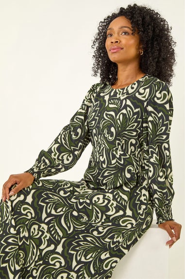 Roman Khaki Petite Printed Shirred Midi Dress