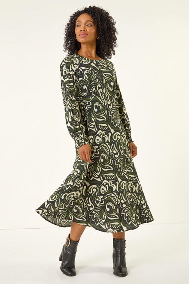 Roman Khaki Petite Printed Shirred Midi Dress