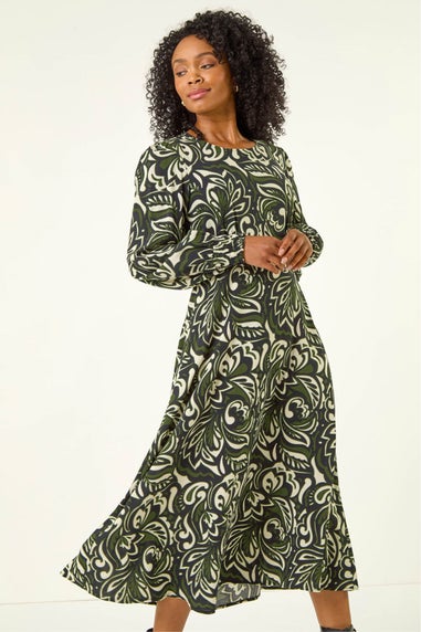 Roman Khaki Petite Printed Shirred Midi Dress