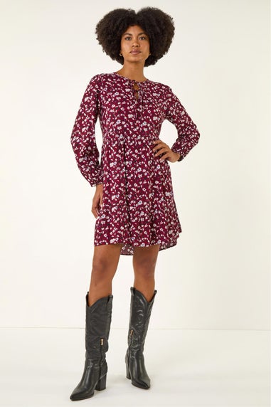Roman Wine Floral Tie Front Smock Dress