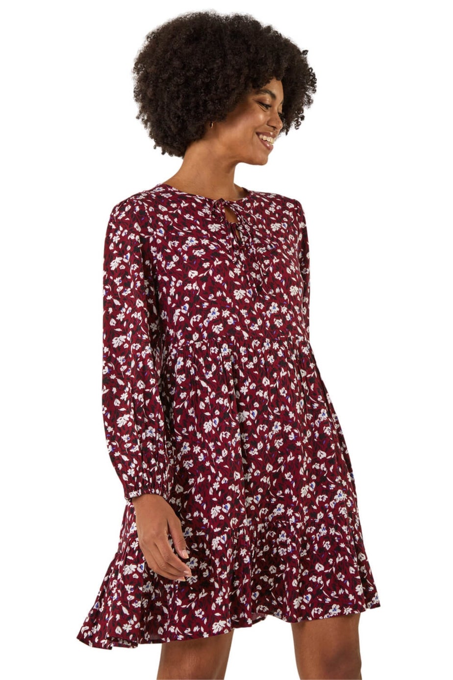 Roman Wine Floral Tie Front Smock Dress