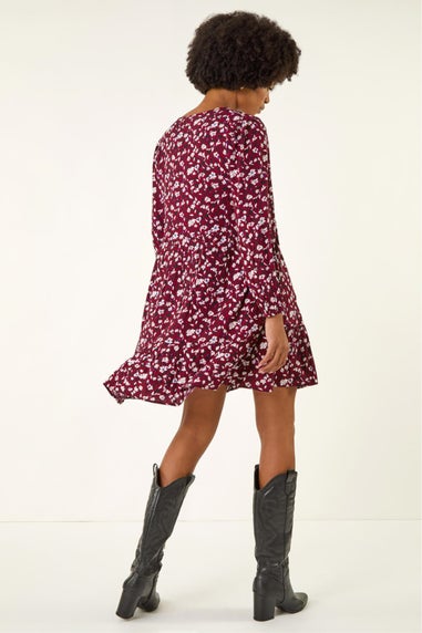 Roman Wine Floral Tie Front Smock Dress
