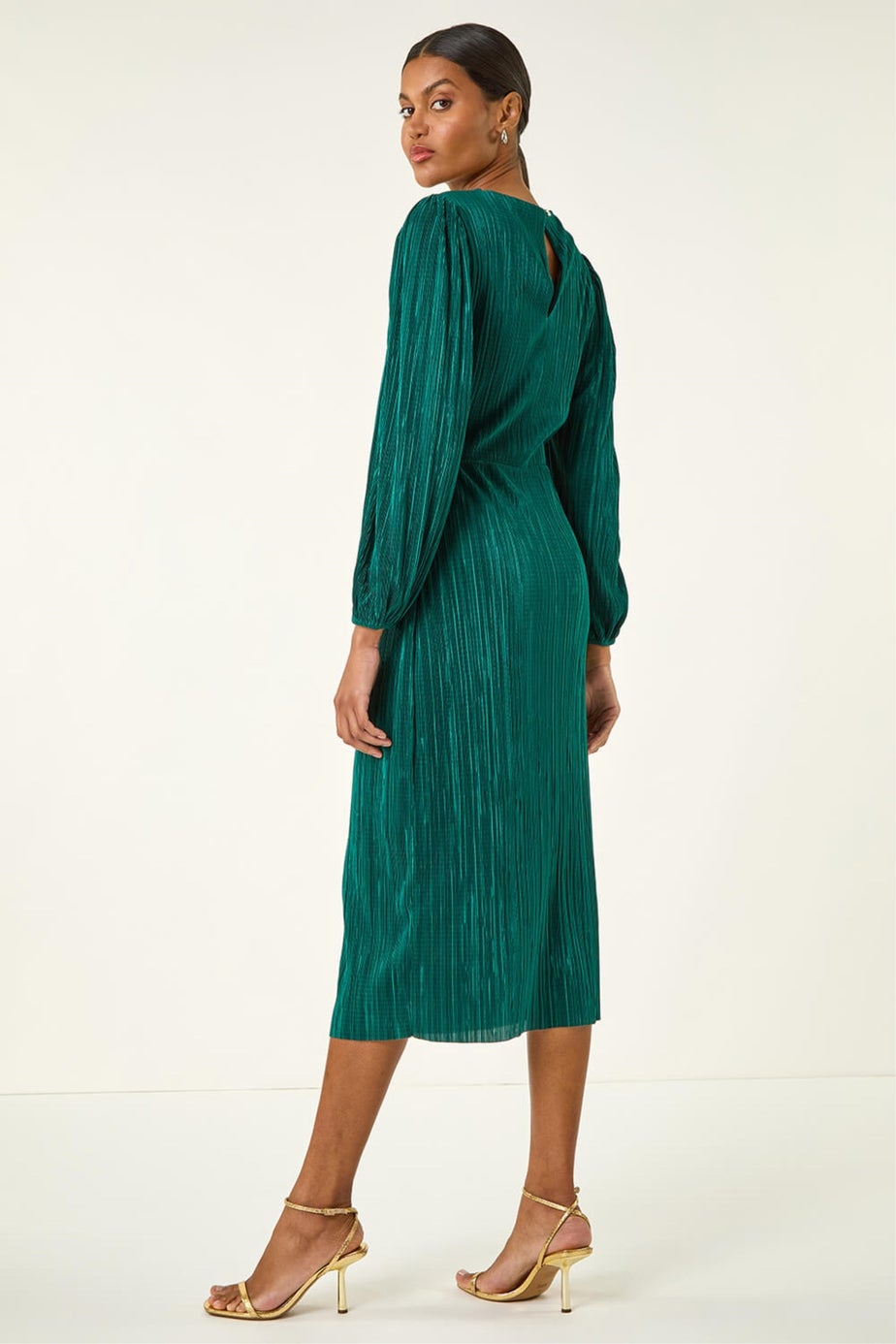 Roman Green Plisse Twist Front Midi Dress