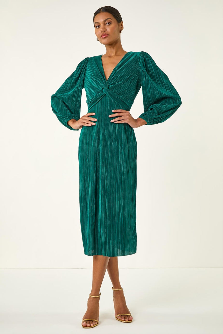 Roman Green Plisse Twist Front Midi Dress