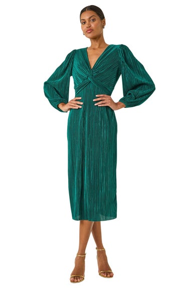 Roman Green Plisse Twist Front Midi Dress