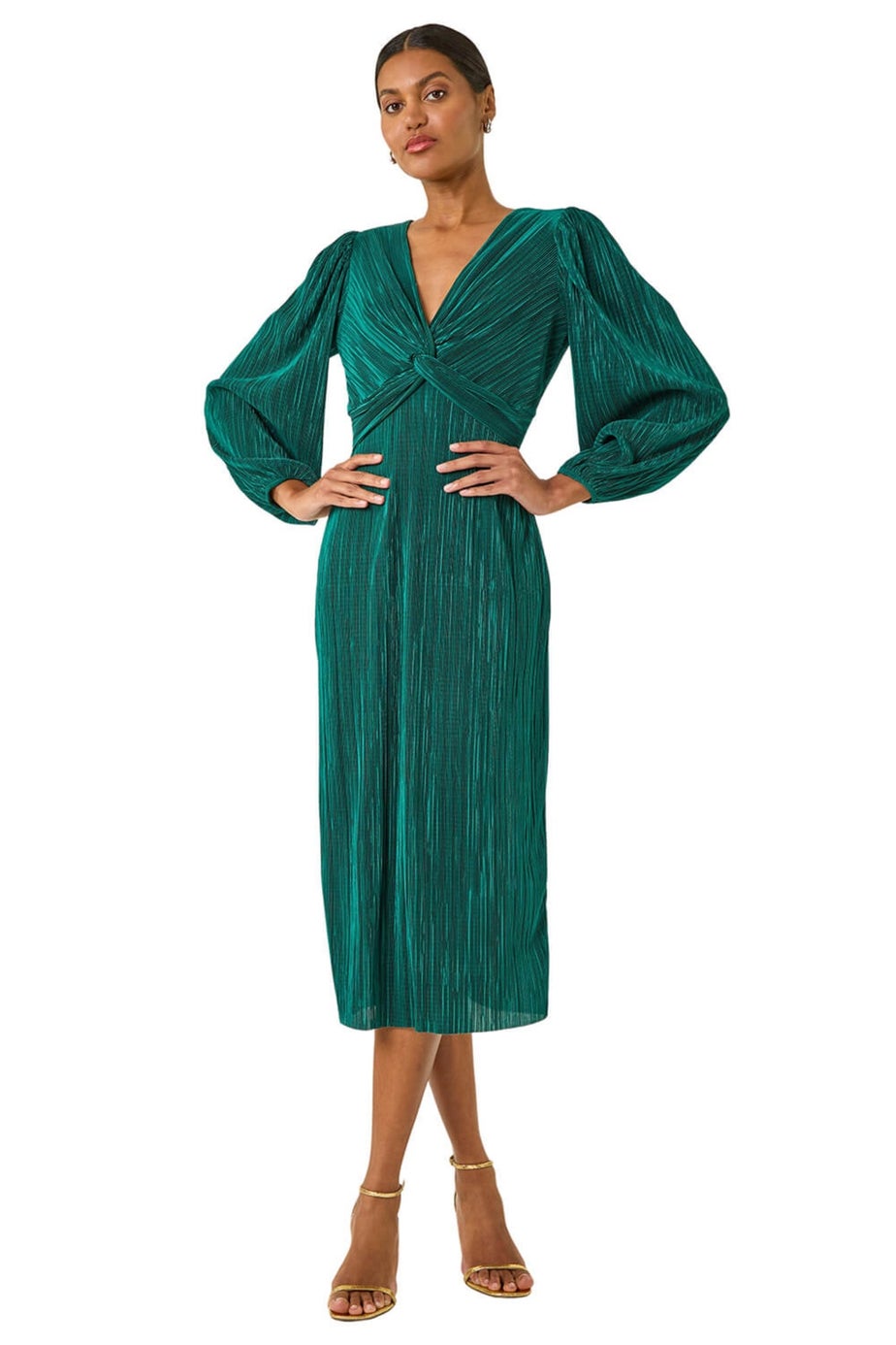 Roman Green Plisse Twist Front Midi Dress
