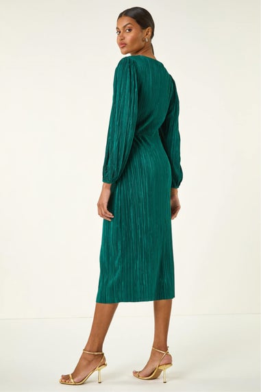 Roman Green Plisse Twist Front Midi Dress