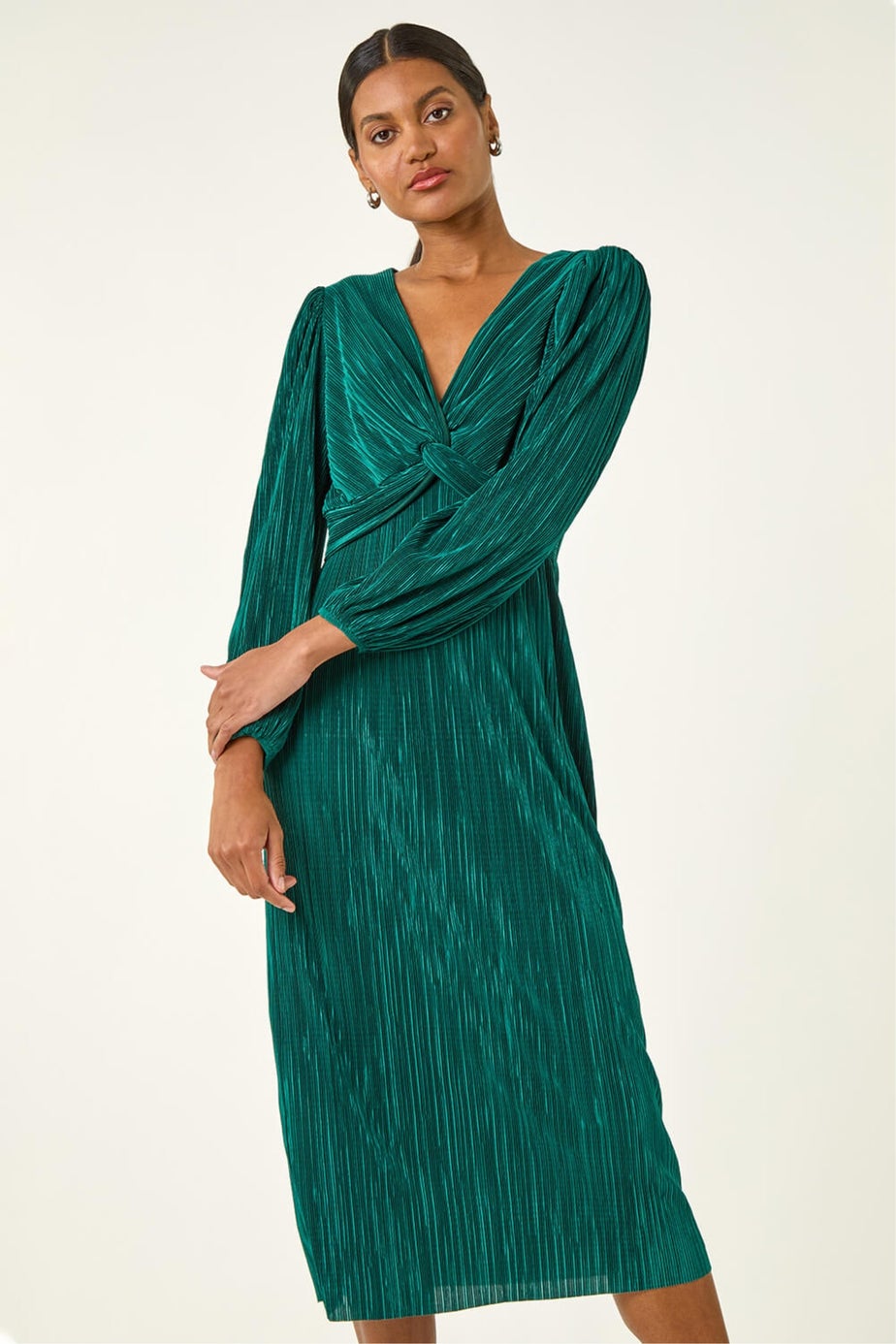 Roman Green Plisse Twist Front Midi Dress