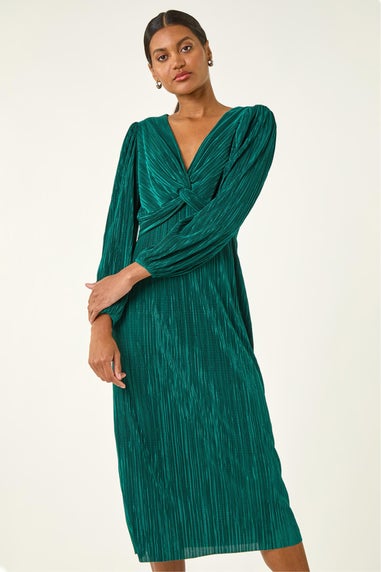 Roman Green Plisse Twist Front Midi Dress