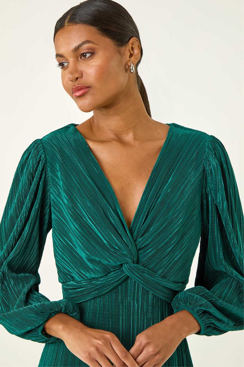 Roman Green Plisse Twist Front Midi Dress