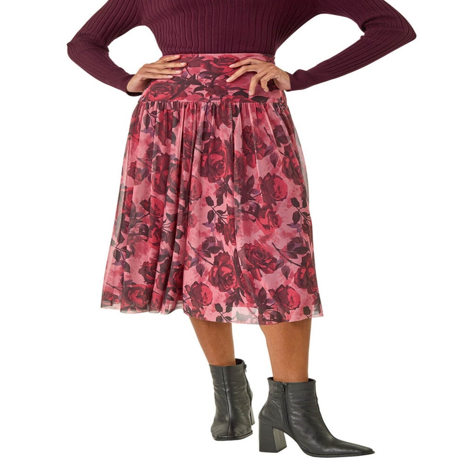 Roman Red Rose Print Mesh Layered Skirt