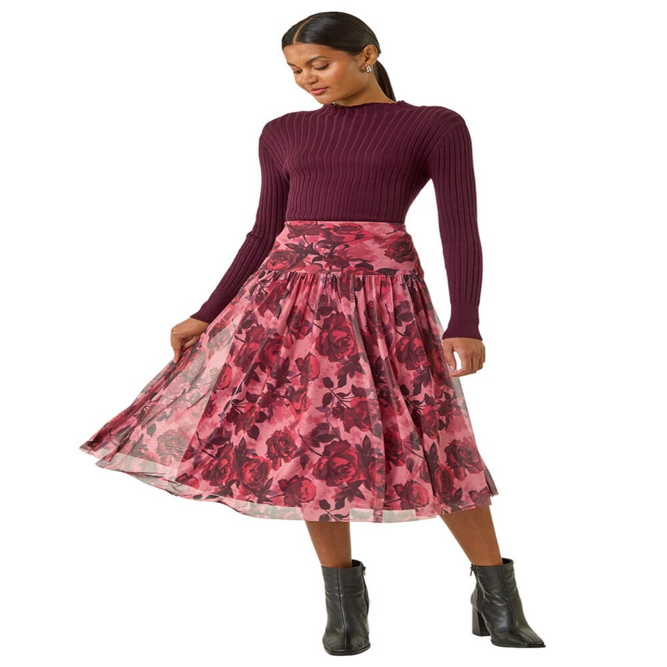 Roman Red Rose Print Mesh Layered Skirt
