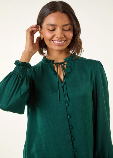 Roman Green Ruffle Front Tie Neck Blouse