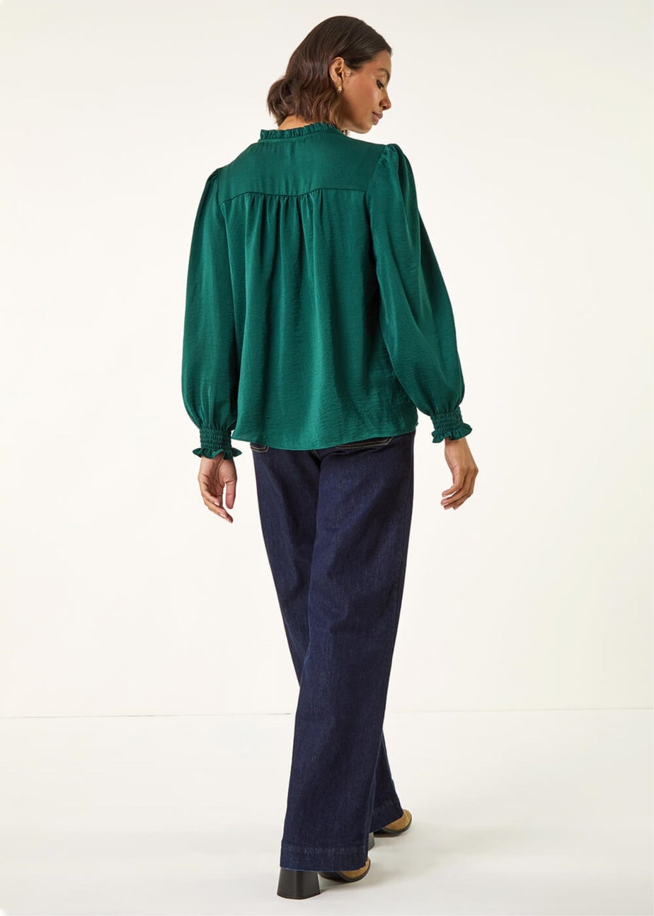 Roman Green Ruffle Front Tie Neck Blouse