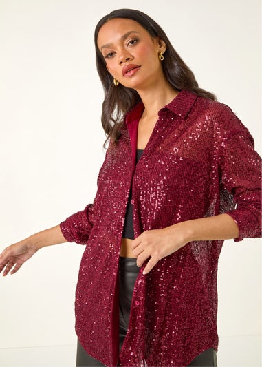Dusk Burgundy Sequin Button Through Blouse
