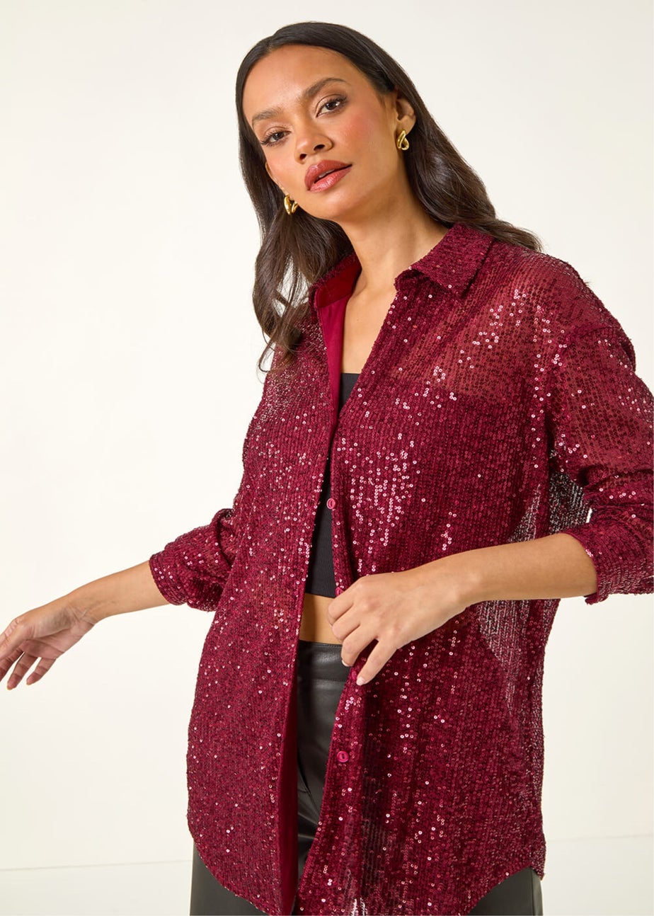 Dusk Burgundy Sequin Button Through Blouse