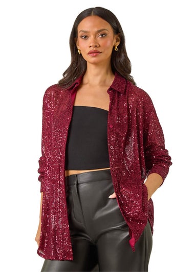 Dusk Burgundy Sequin Button Through Blouse