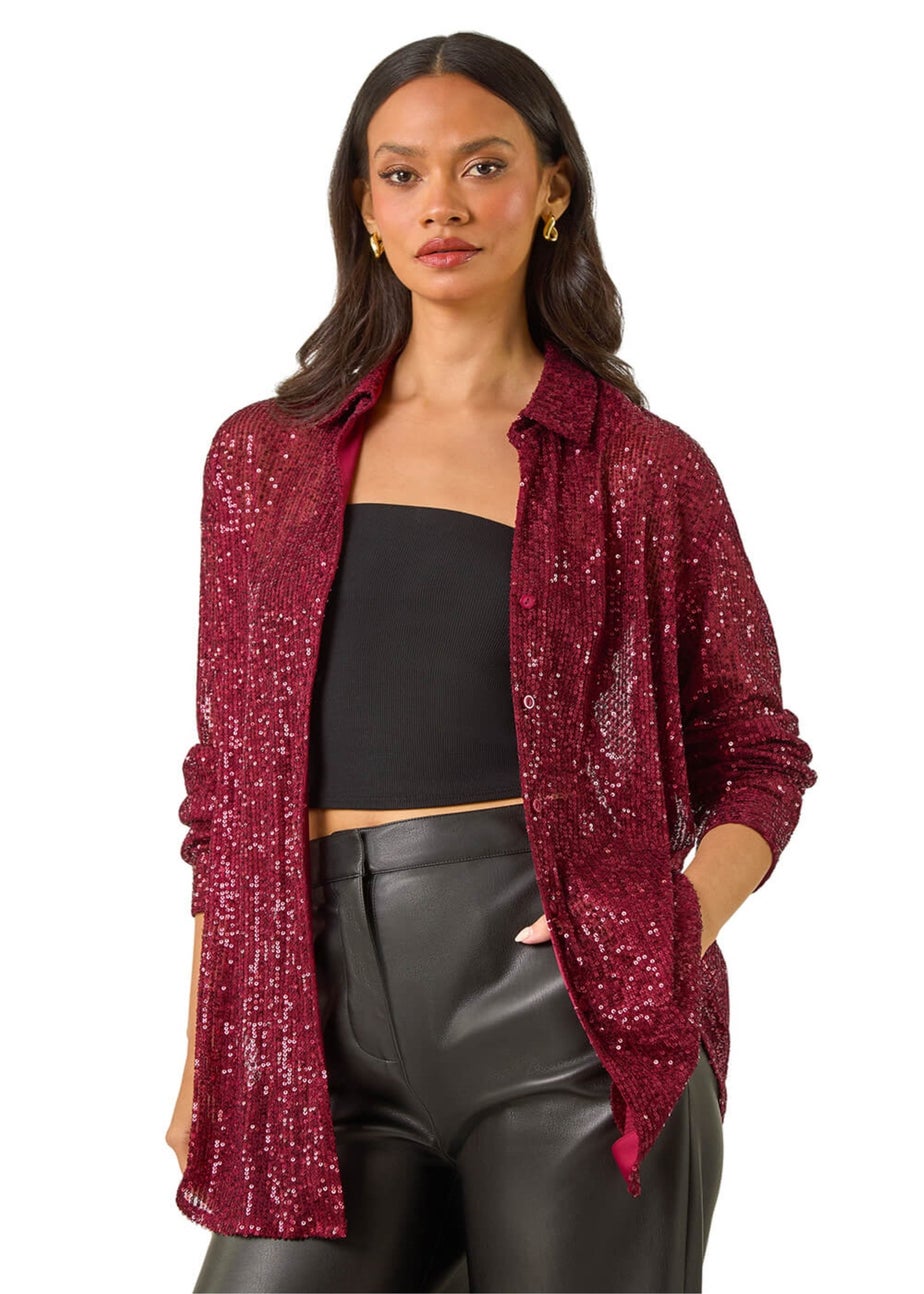 Dusk Burgundy Sequin Button Through Blouse
