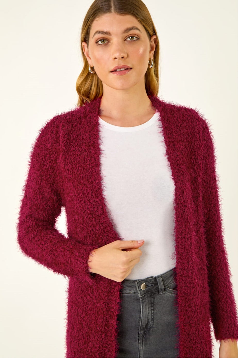 Roman Red Textured Longline Knit Cardigan