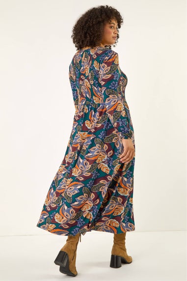Roman Teal Curve Floral Print Shirred Midi Dress
