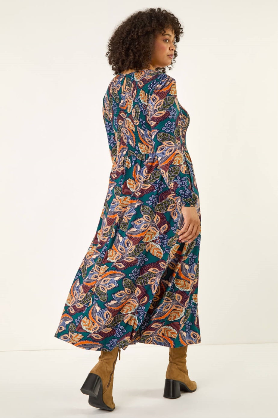 Roman Teal Curve Floral Print Shirred Midi Dress