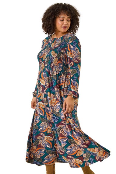 Roman Teal Curve Floral Print Shirred Midi Dress