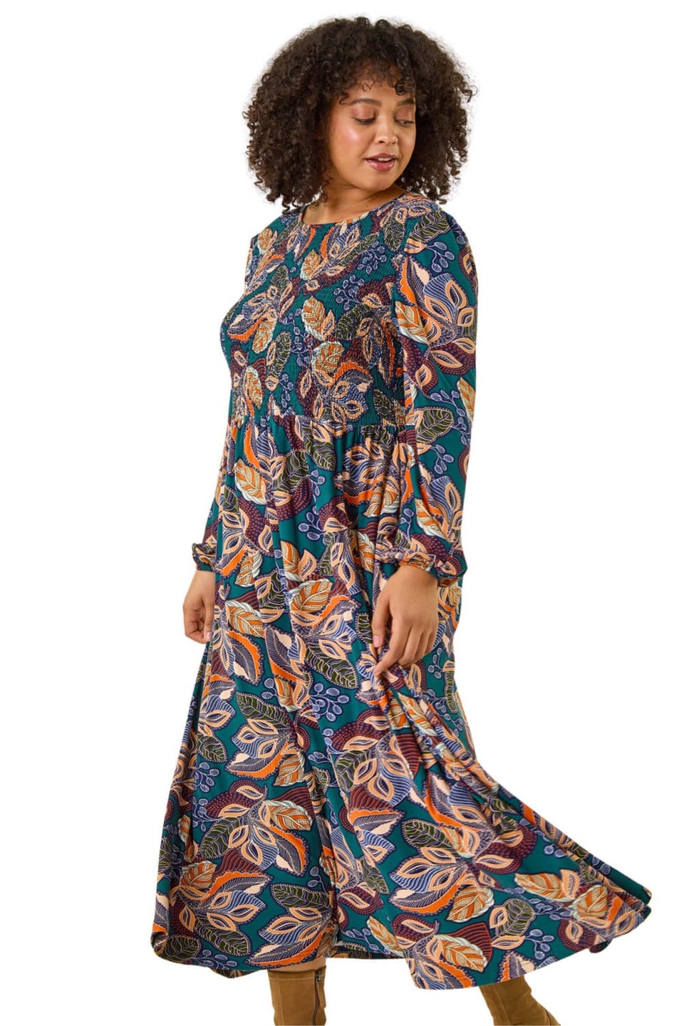 Roman Teal Curve Floral Print Shirred Midi Dress