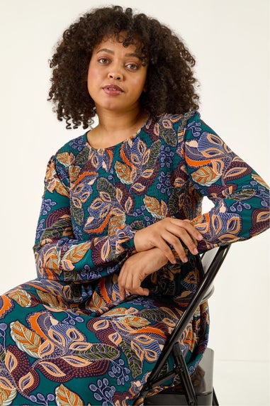 Roman Teal Curve Floral Print Shirred Midi Dress