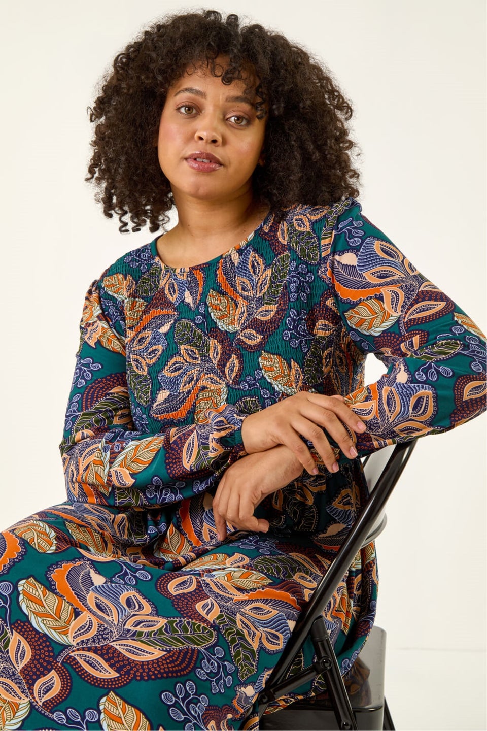 Roman Teal Curve Floral Print Shirred Midi Dress