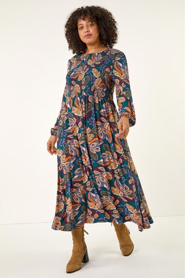Roman Teal Curve Floral Print Shirred Midi Dress