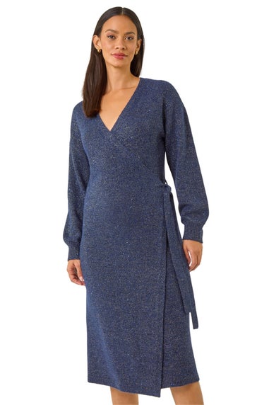 Dusk Midnight Blue Shimmer Wrap Knit Dress