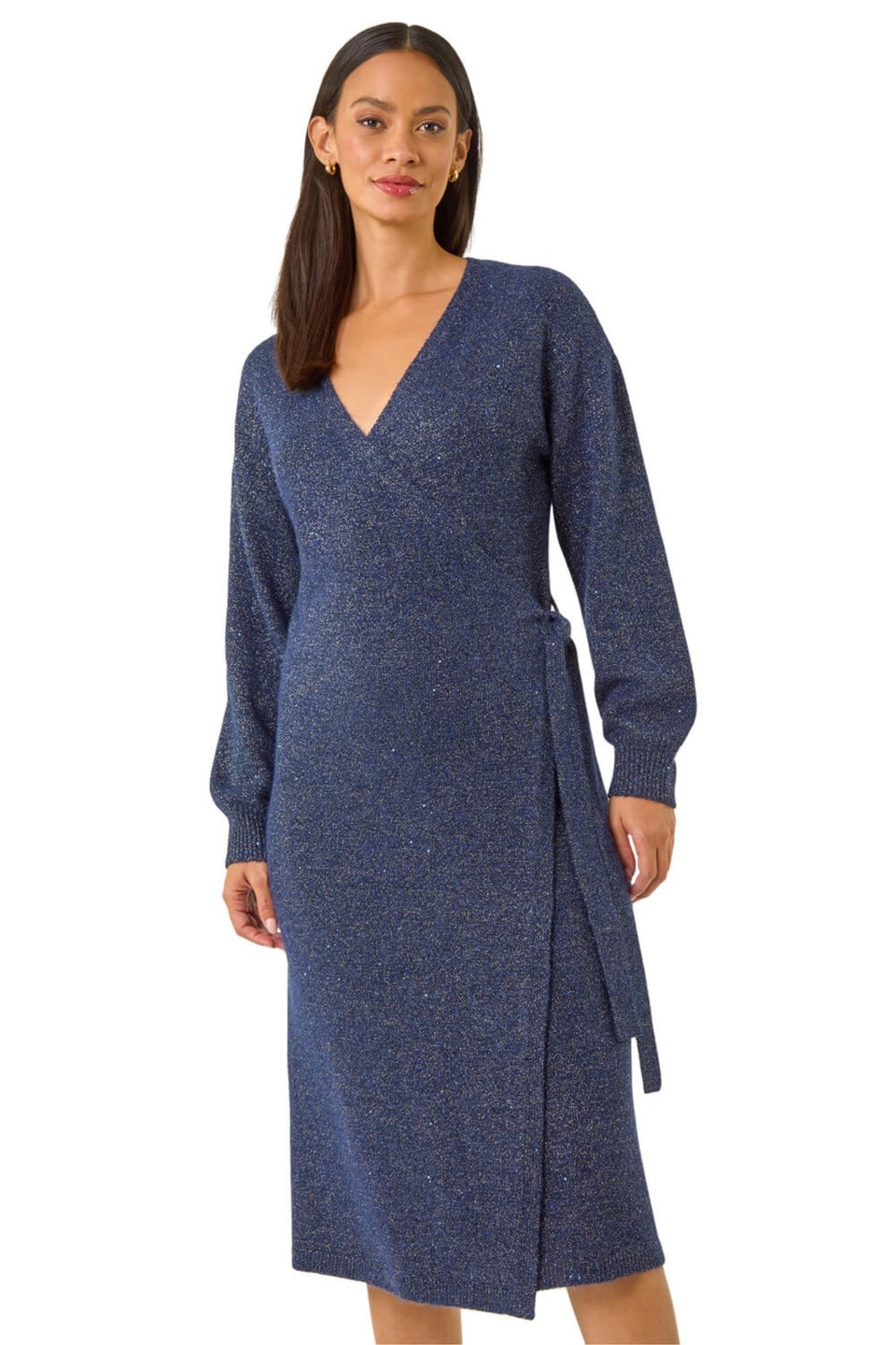 Dusk Midnight Blue Shimmer Wrap Knit Dress