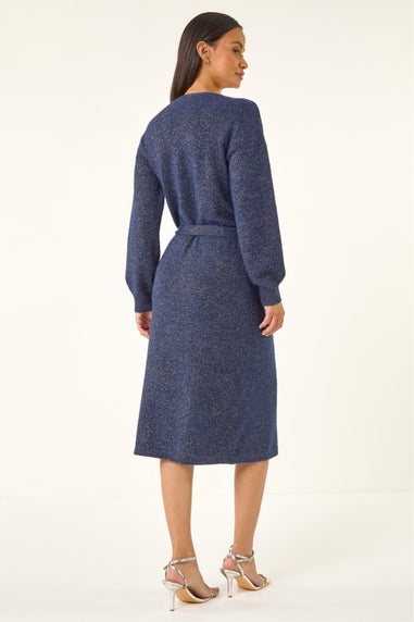 Dusk Midnight Blue Shimmer Wrap Knit Dress