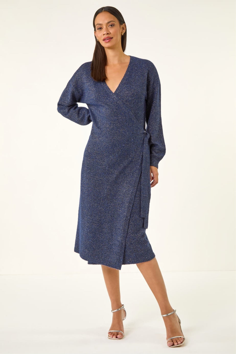 Dusk Midnight Blue Shimmer Wrap Knit Dress