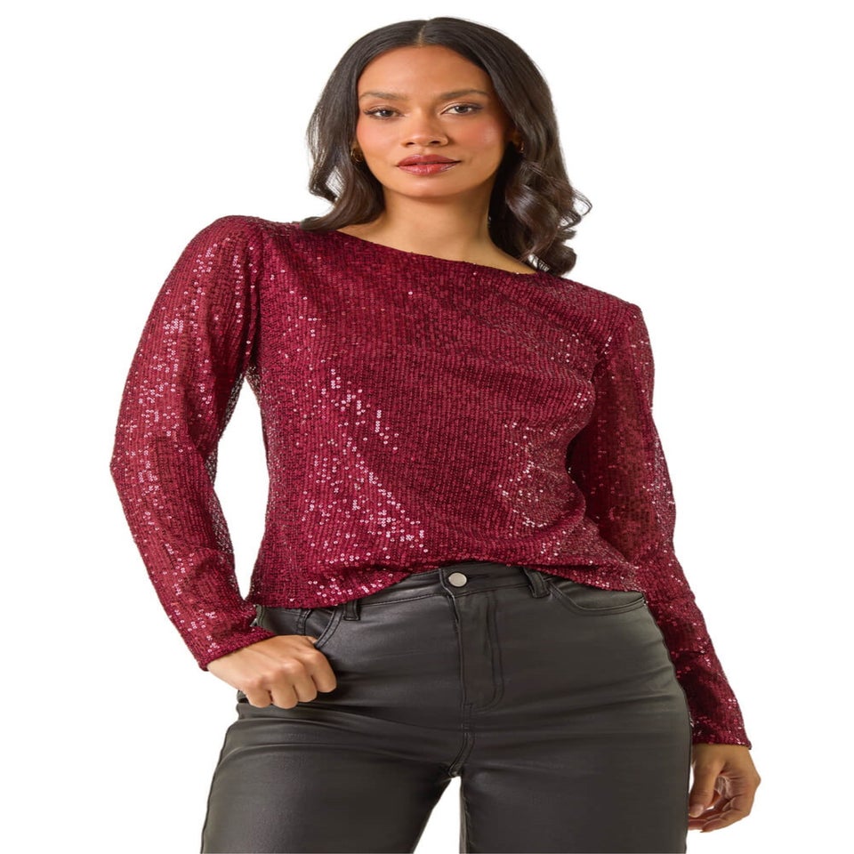 Dusk Burgundy Sequin Long Sleeve Stretch Top
