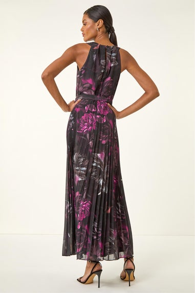 Roman Black Floral Pleated Halter Neck Maxi Dress