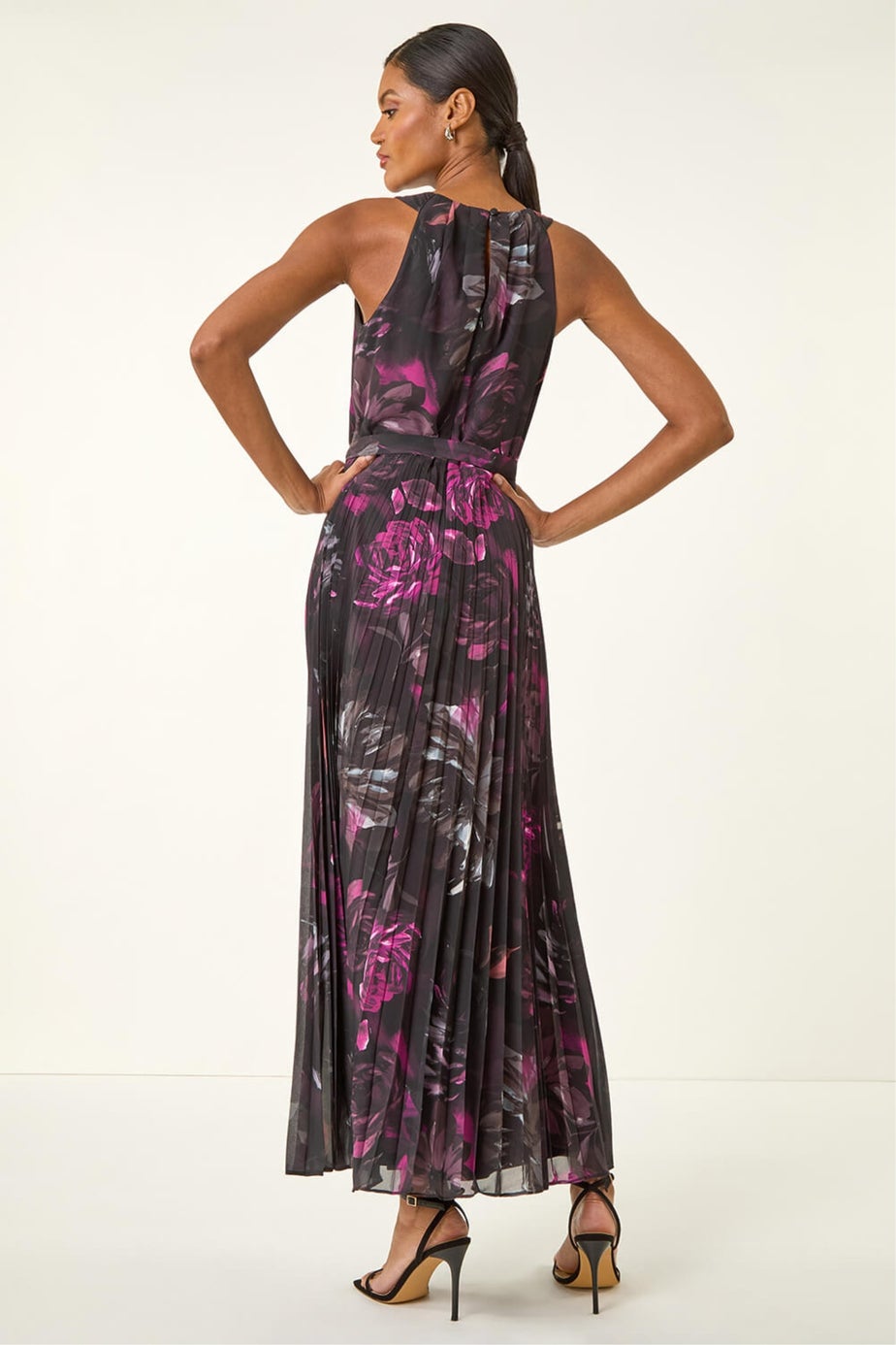 Roman Black Floral Pleated Halter Neck Maxi Dress
