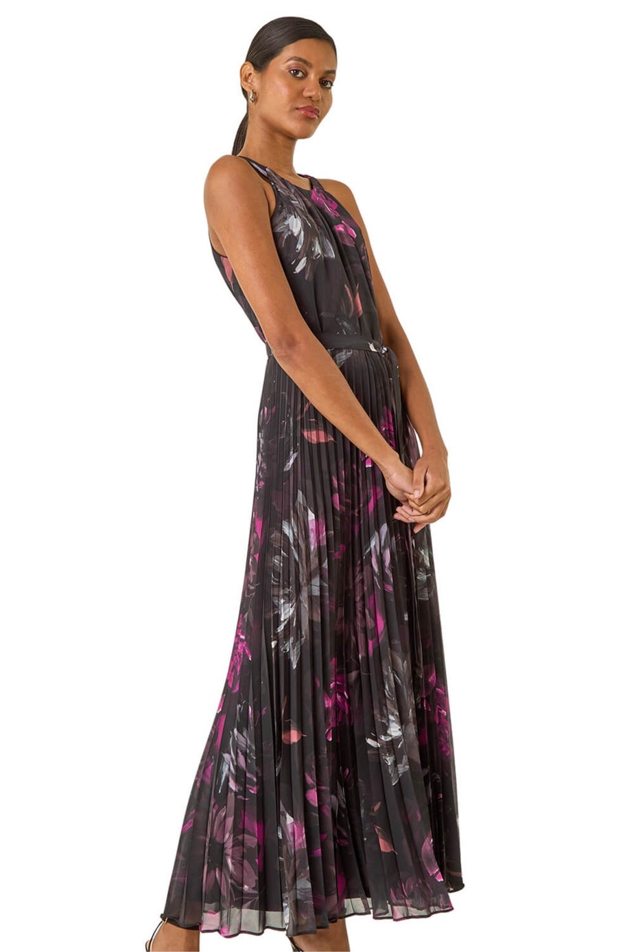 Roman Black Floral Pleated Halter Neck Maxi Dress