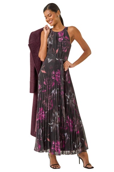 Roman Black Floral Pleated Halter Neck Maxi Dress