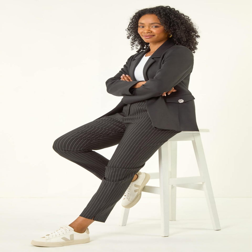 Roman Black Petite Stripe Bengaline Stretch Trouser