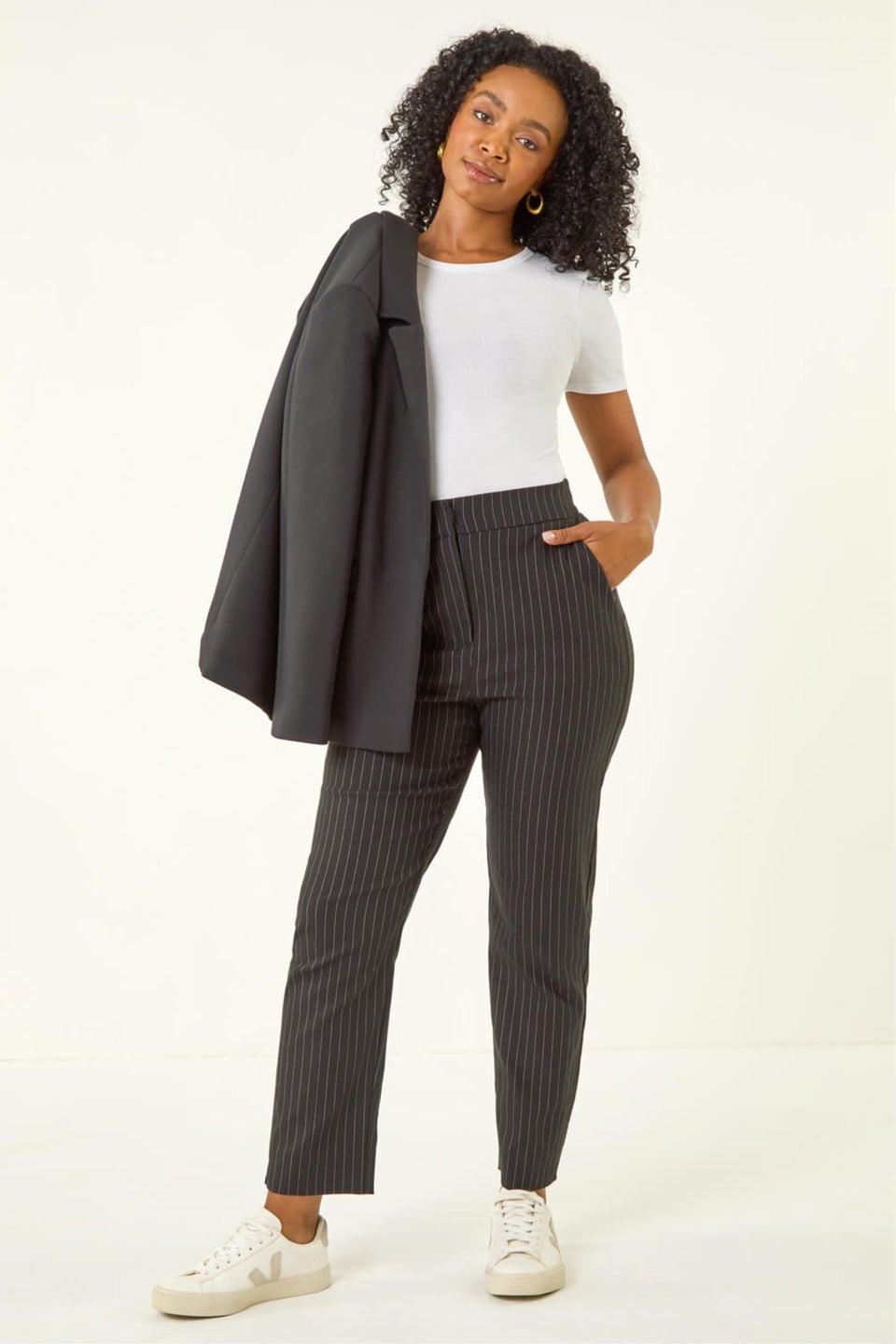 Roman Black Petite Stripe Bengaline Stretch Trouser