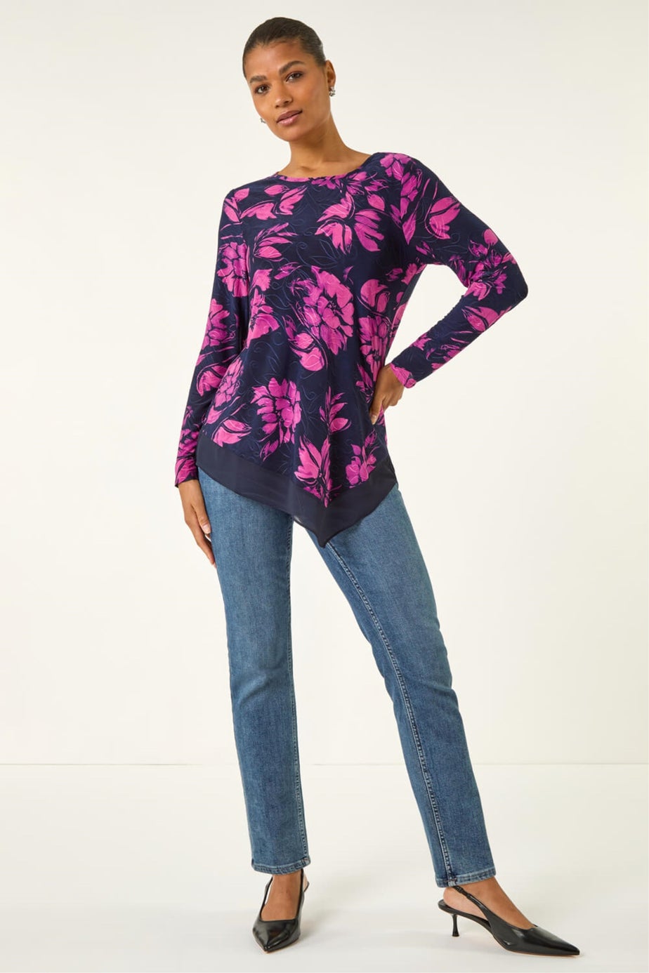 Roman Pink Floral Jacquard Chiffon Hem Top