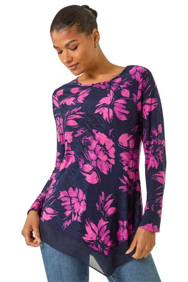 Roman Pink Floral Jacquard Chiffon Hem Top