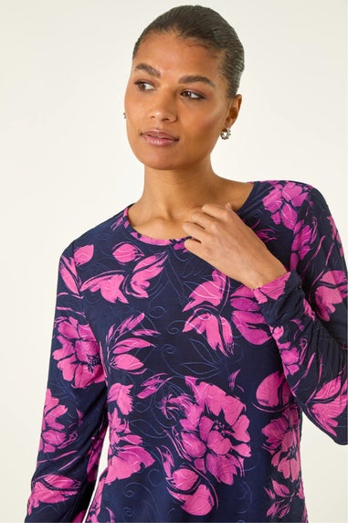 Roman Pink Floral Jacquard Chiffon Hem Top