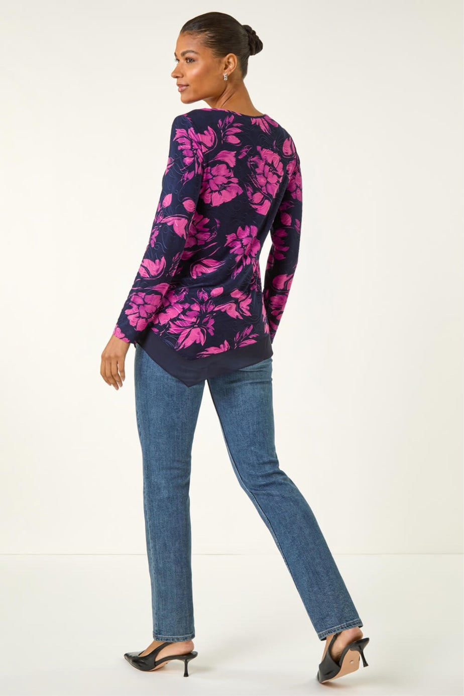 Roman Pink Floral Jacquard Chiffon Hem Top