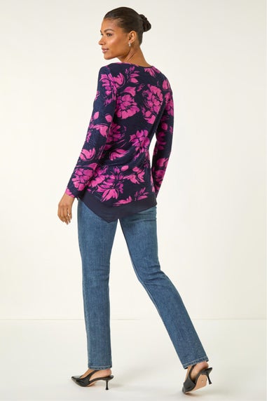 Roman Pink Floral Jacquard Chiffon Hem Top