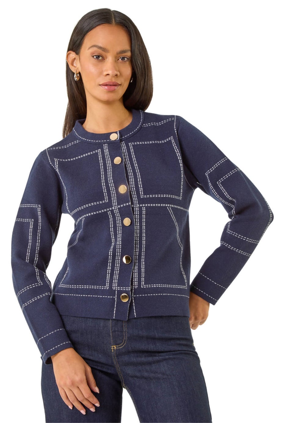 Dusk Navy Contrast Stitch Knitted Jacket