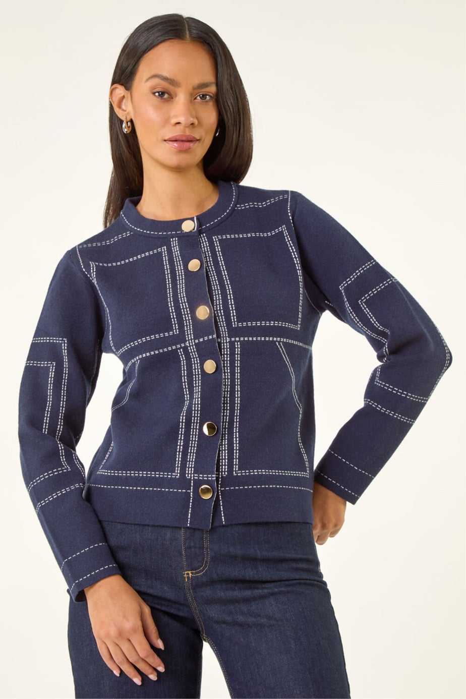 Dusk Navy Contrast Stitch Knitted Jacket