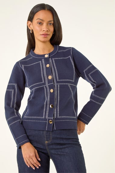 Dusk Navy Contrast Stitch Knitted Jacket